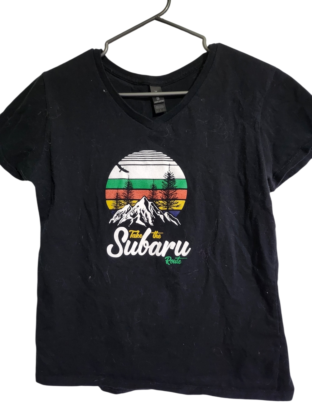 Womans Black V-Neck Tee with Subaru Retro Mountain Graphic